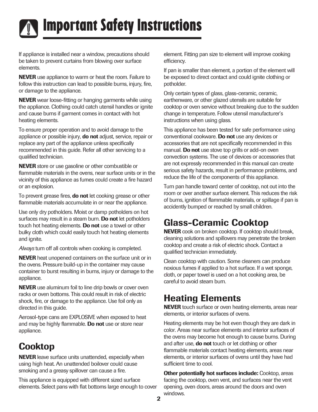 Maytag 850 Series warranty Important Safety Instructions, Glass-Ceramic Cooktop, Heating Elements 