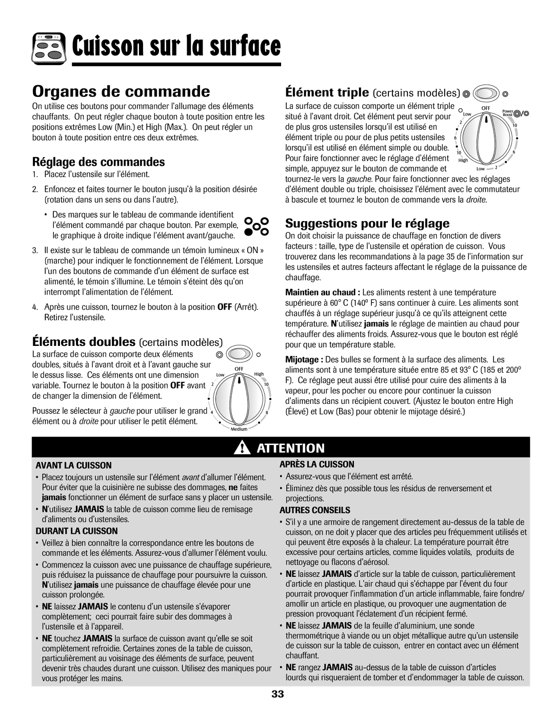 Maytag 850 Series warranty Cuisson sur la surface, Organes de commande, Réglage des commandes, Suggestions pour le réglage 