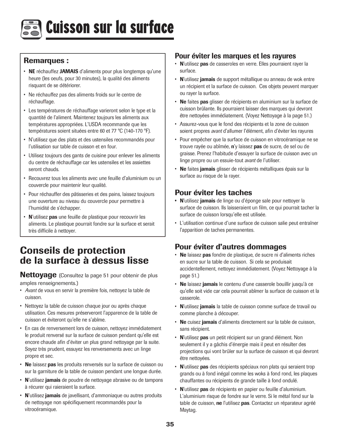 Maytag 850 Series warranty Conseils de protection De la surface à dessus lisse, Pour éviter les marques et les rayures 