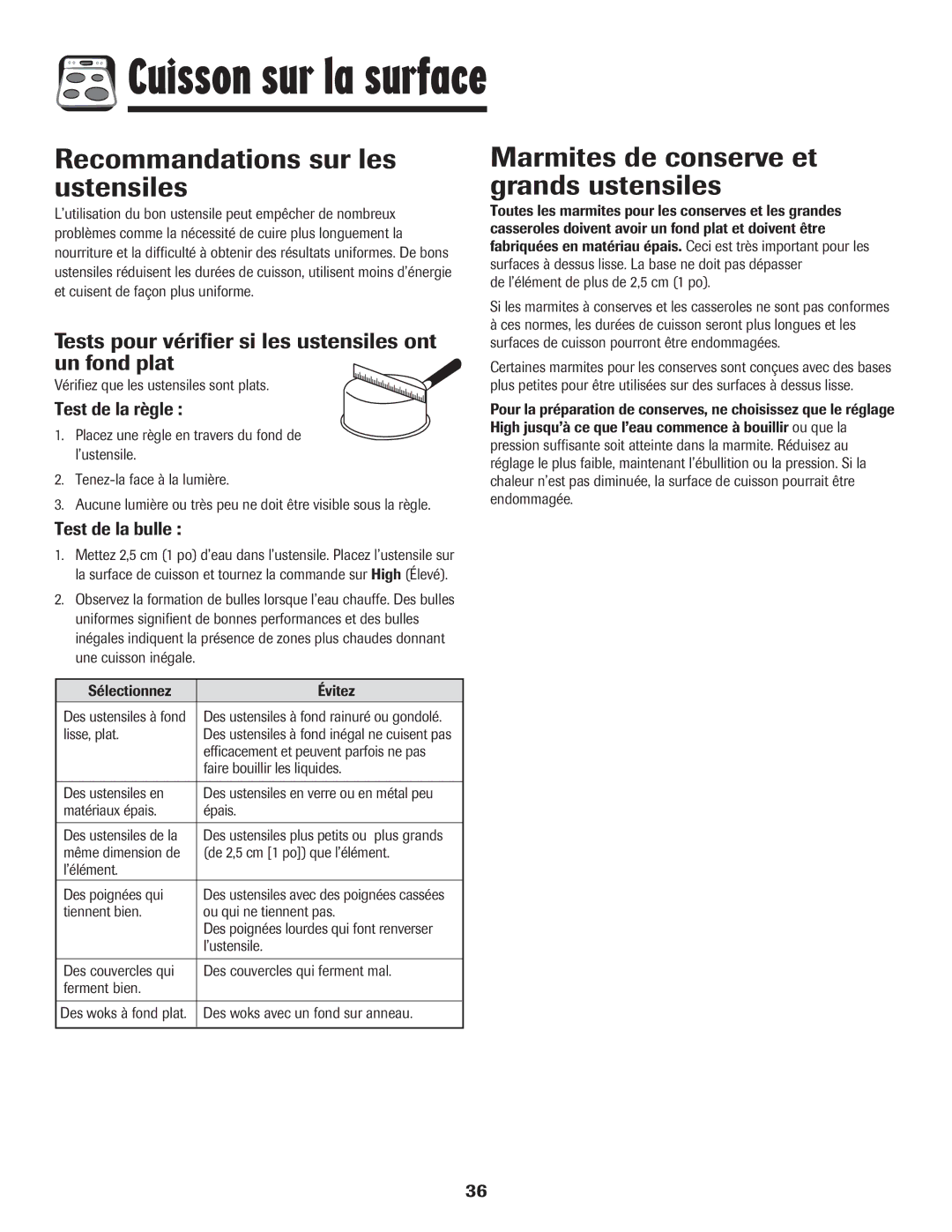 Maytag 850 Series warranty Recommandations sur les ustensiles, Marmites de conserve et grands ustensiles, Test de la règle 