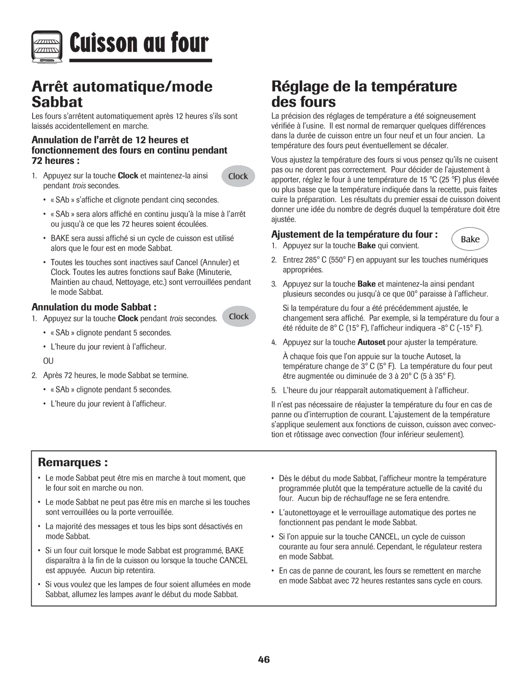 Maytag 850 Series warranty Arrêt automatique/mode Sabbat, Réglage de la température des fours, Annulation du mode Sabbat 