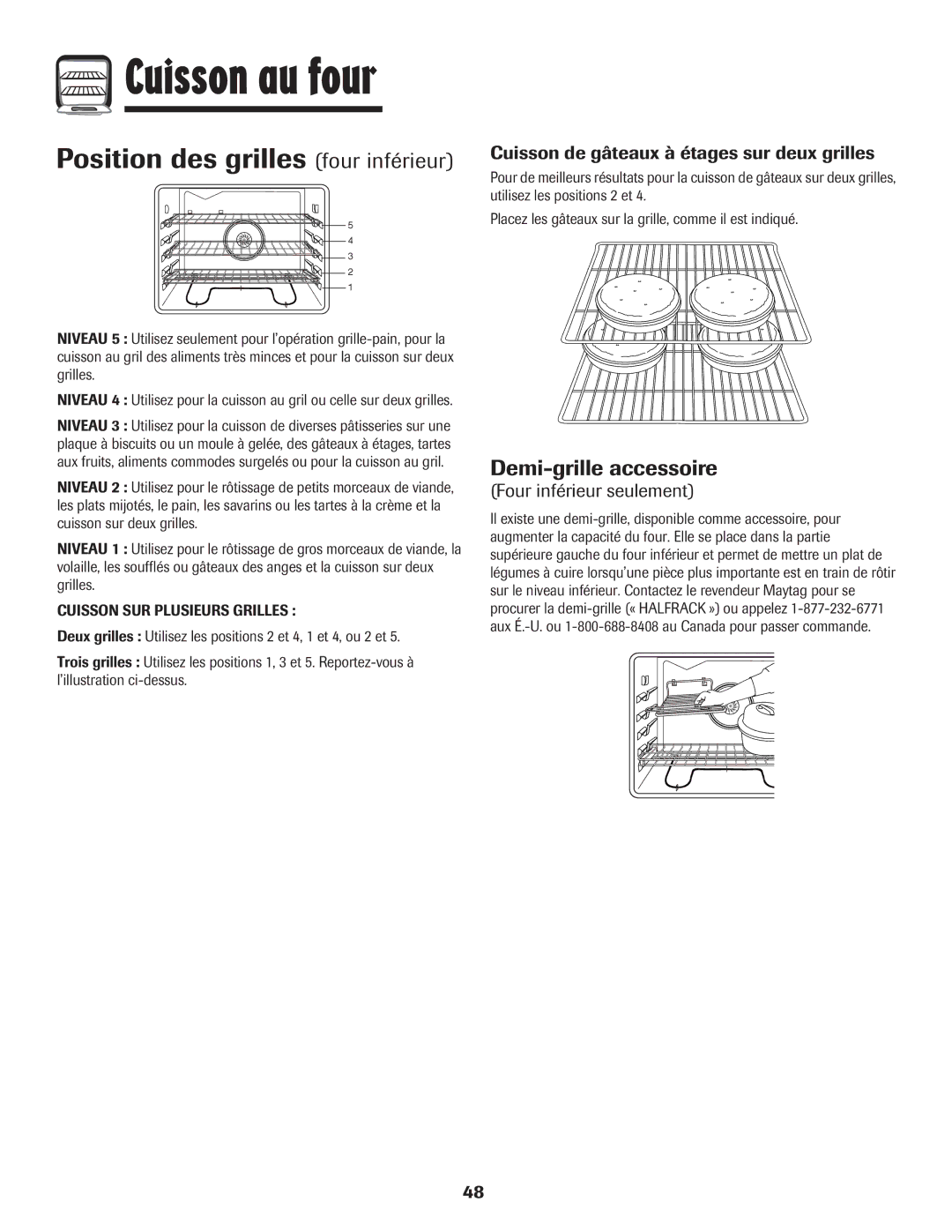 Maytag 850 Series warranty Position des grilles four inférieur, Demi-grille accessoire, Four inférieur seulement 