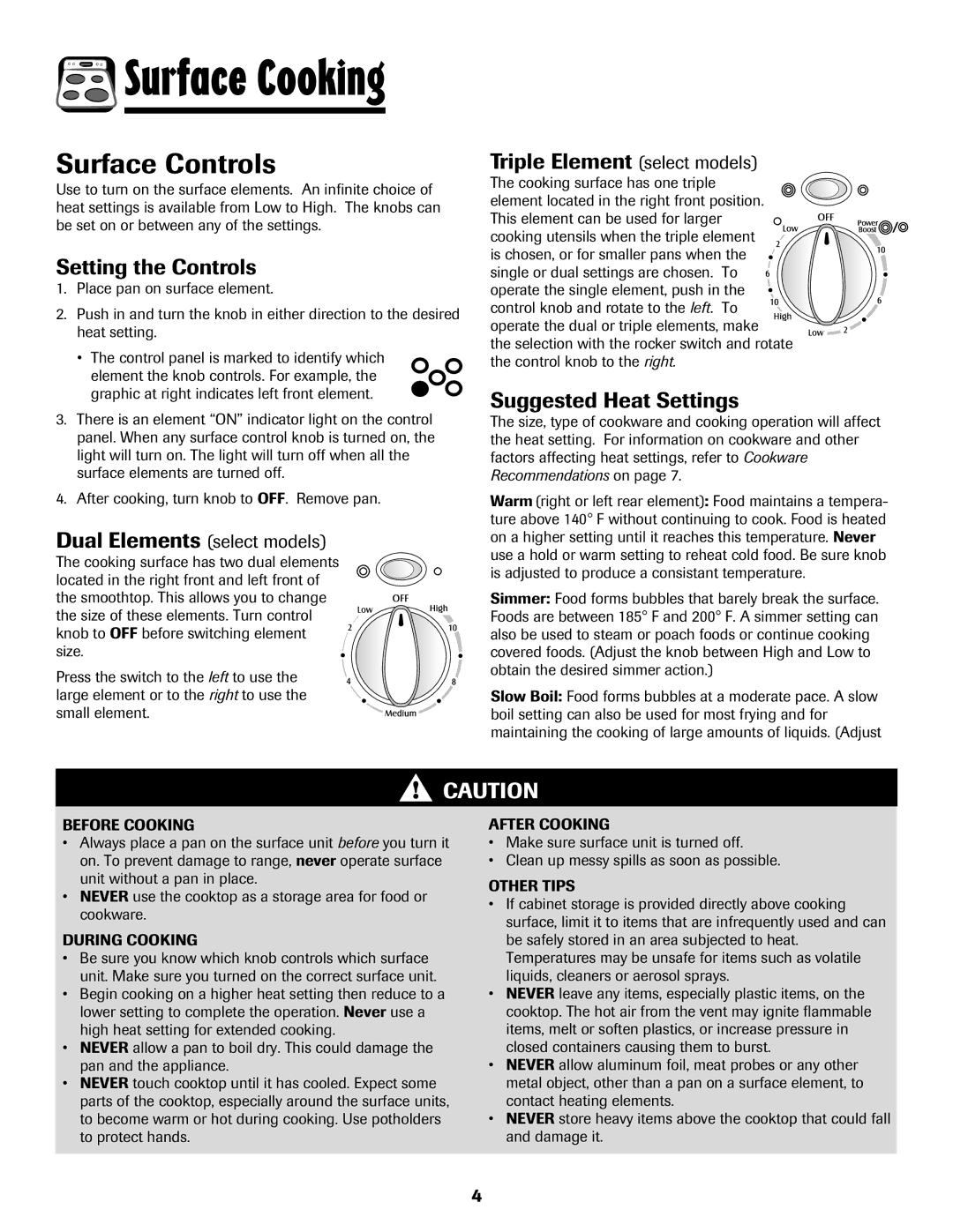 Maytag 850 Series warranty Surface Controls, Setting the Controls, Suggested Heat Settings 