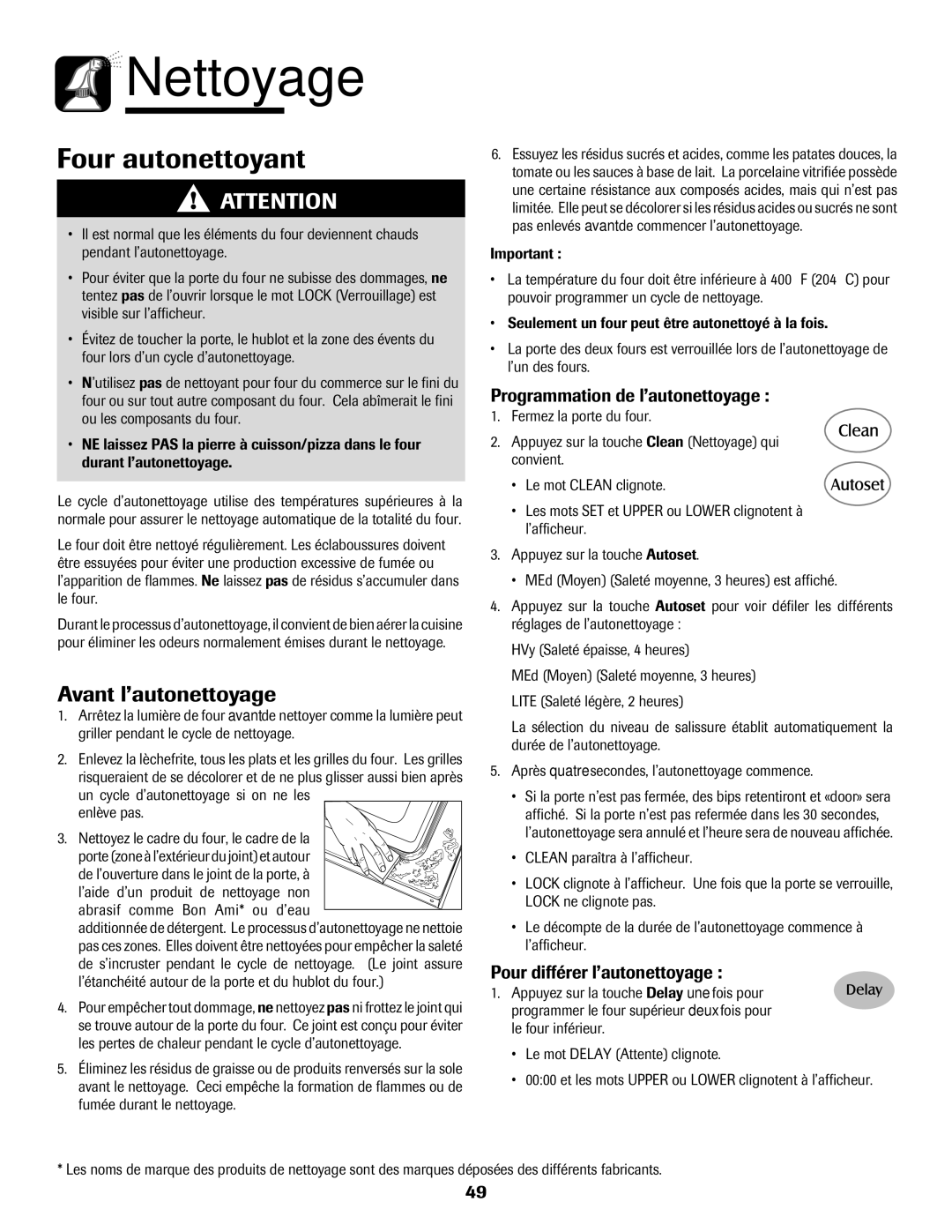 Maytag 850 Series warranty Nettoyage, Four autonettoyant, Avant l’autonettoyage, Programmation de l’autonettoyage 