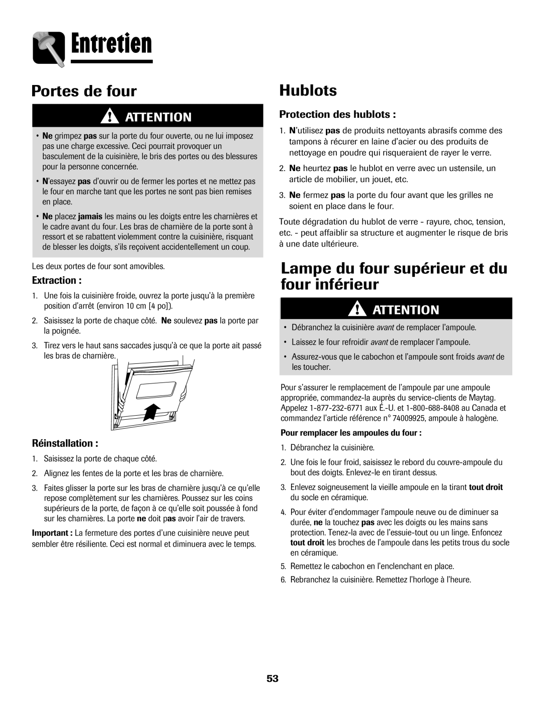 Maytag 850 Series warranty Entretien, Portes de four, Hublots, Lampe du four supérieur et du four inférieur 