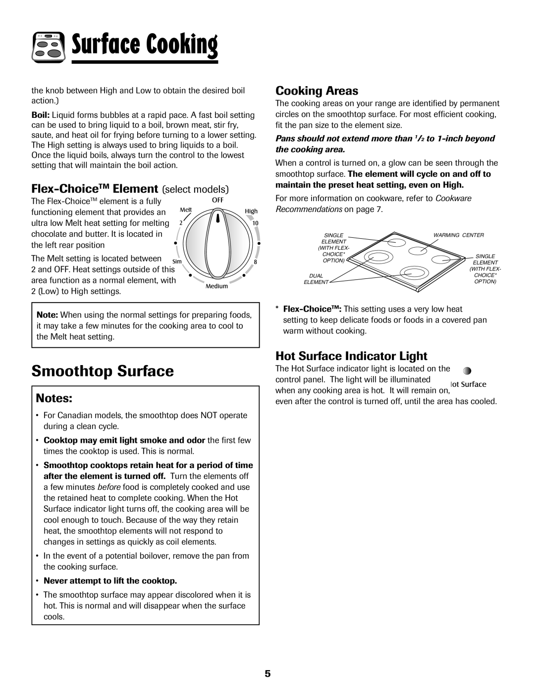 Maytag 850 Series Smoothtop Surface, Flex-ChoiceTMElement select models, Cooking Areas, Hot Surface Indicator Light 