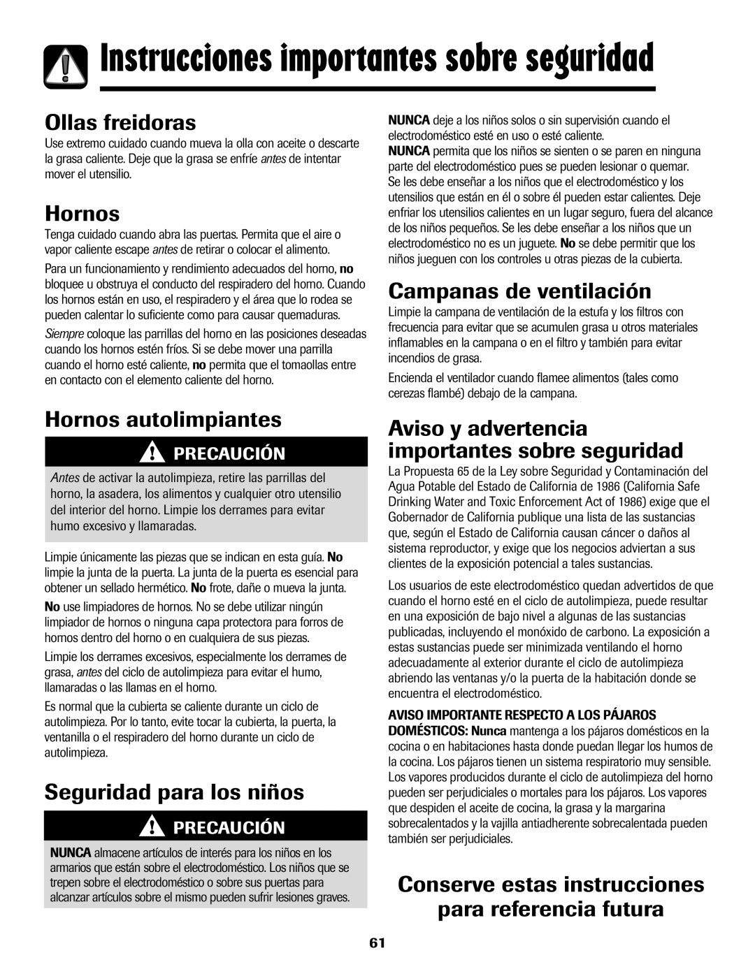 Maytag 850 Series warranty Ollas freidoras, Campanas de ventilación, Hornos autolimpiantes, Seguridad para los niños 