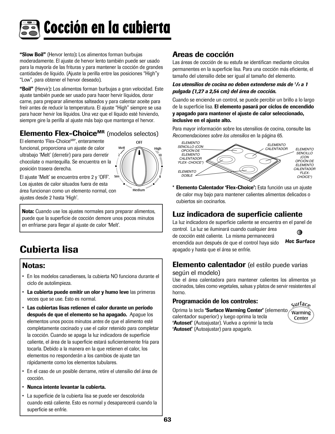 Maytag 850 Series warranty Cubierta lisa, Elemento Flex-ChoiceMRmodelos selectos, Notas, Areas de cocción 