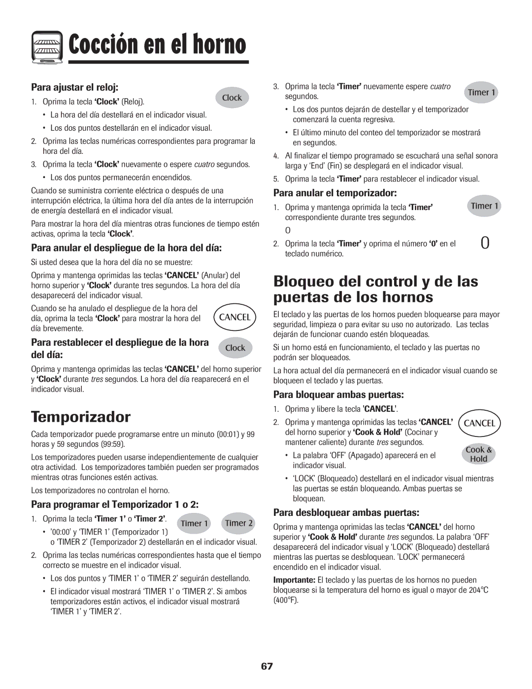 Maytag 850 Series warranty Temporizador, Bloqueo del control y de las puertas de los hornos 