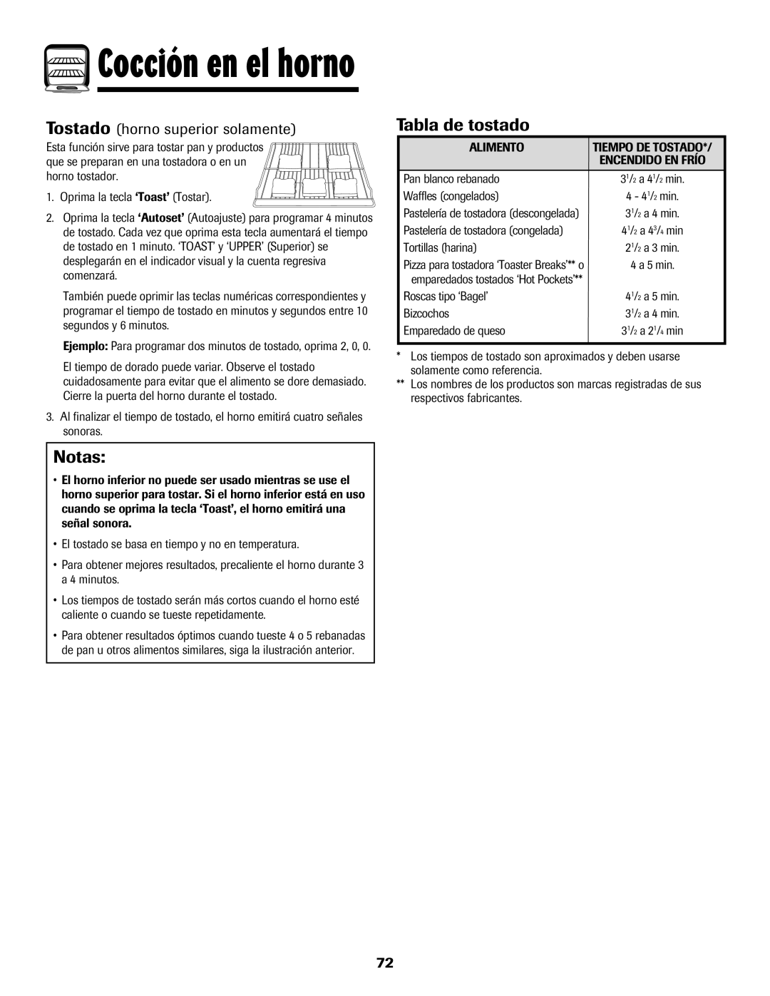 Maytag 850 Series warranty Tabla de tostado, Tostado horno superior solamente, Alimento 