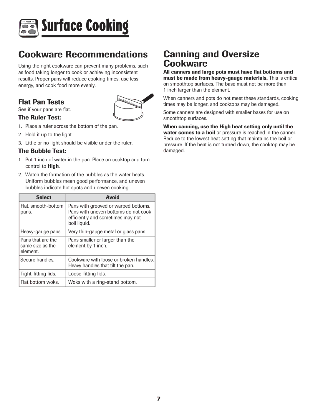 Maytag 850 Series warranty Cookware Recommendations, Canning and Oversize Cookware, Flat Pan Tests, Ruler Test, Bubble Test 