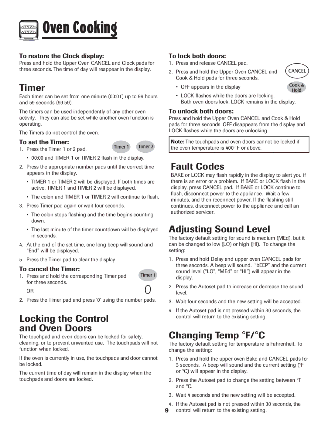 Maytag 850 Timer, Fault Codes, Adjusting Sound Level, Locking the Control Oven Doors, Changing Temp F/C 