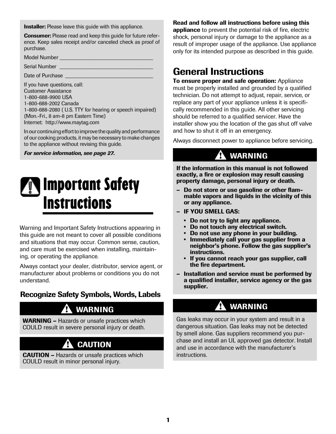 Maytag 850 important safety instructions General Instructions, Recognize Safety Symbols, Words, Labels 