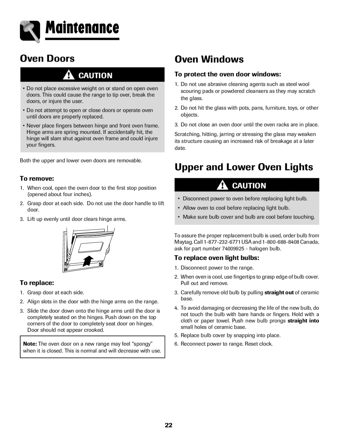 Maytag 850 important safety instructions Maintenance, Oven Windows, Upper and Lower Oven Lights 