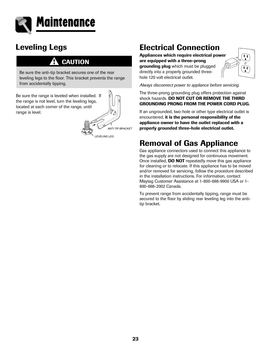 Maytag 850 important safety instructions Leveling Legs, Electrical Connection, Removal of Gas Appliance 