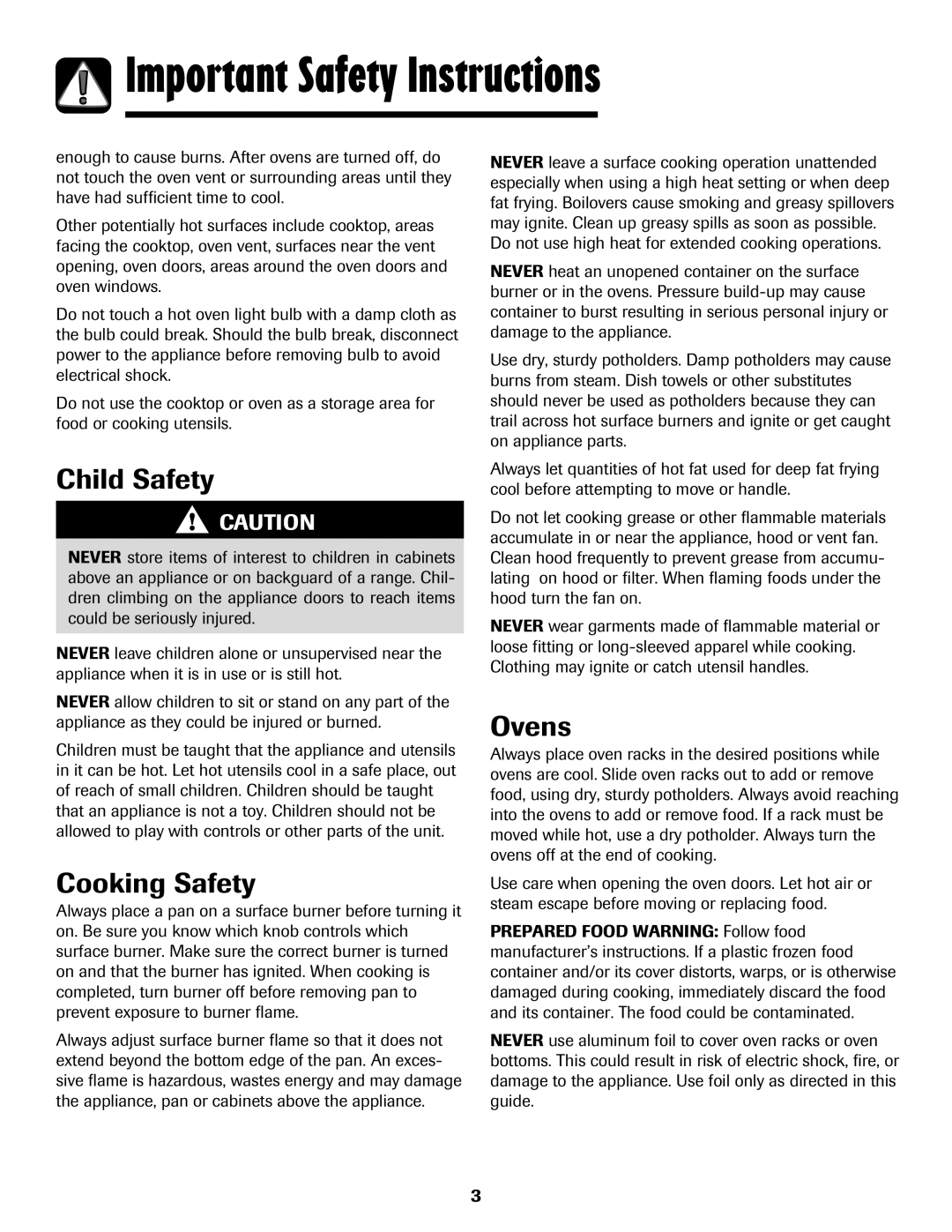 Maytag 850 important safety instructions Child Safety, Cooking Safety, Ovens 