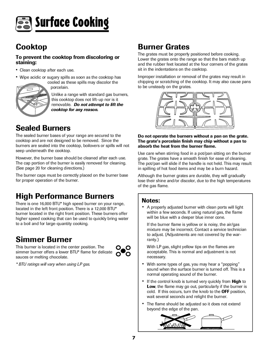 Maytag 850 important safety instructions Cooktop, Sealed Burners, Burner Grates, High Performance Burners, Simmer Burner 