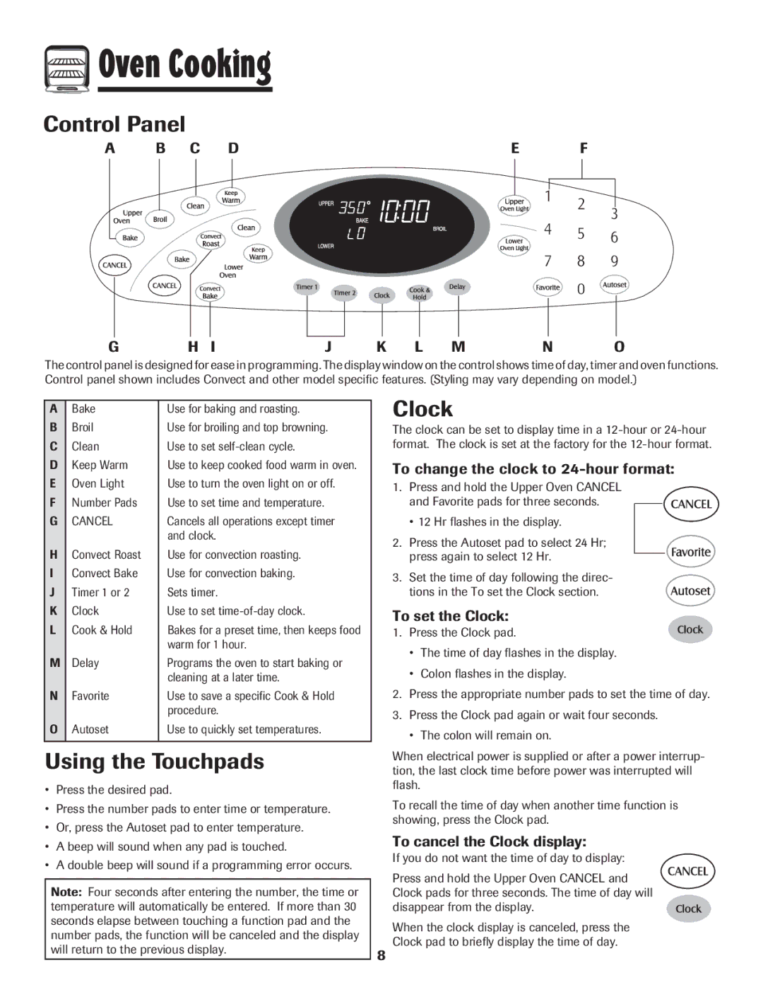 Maytag 850 important safety instructions Oven Cooking, Control Panel, Clock, Using the Touchpads 