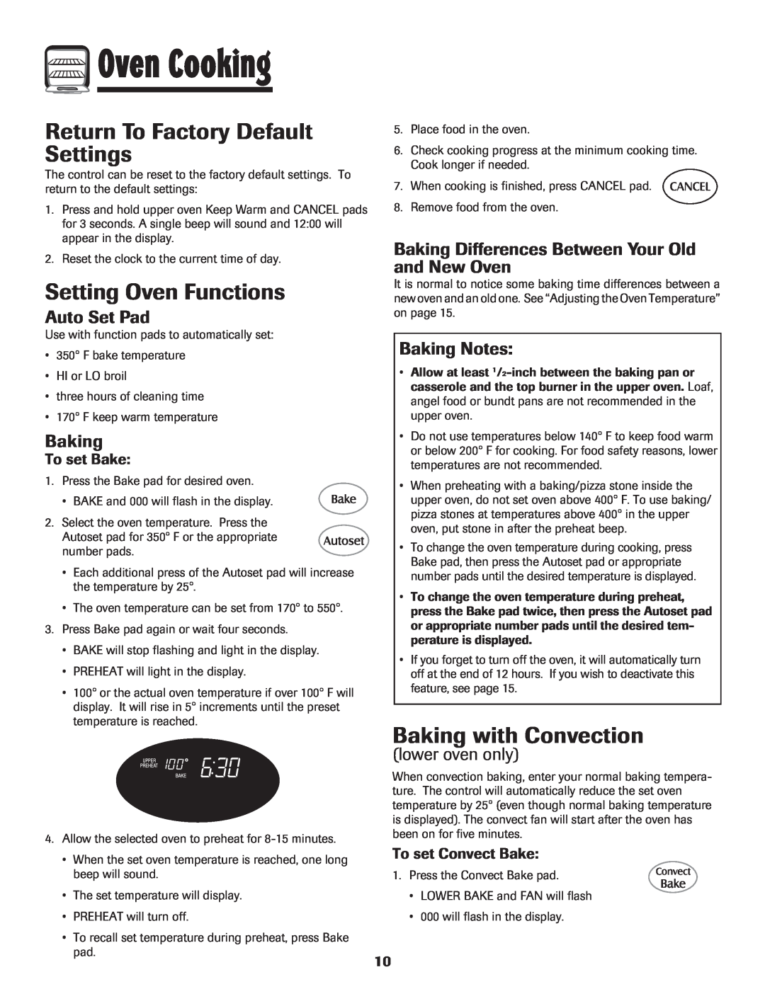 Maytag 850 Return To Factory Default Settings, Setting Oven Functions, Baking with Convection, Auto Set Pad, Baking Notes 