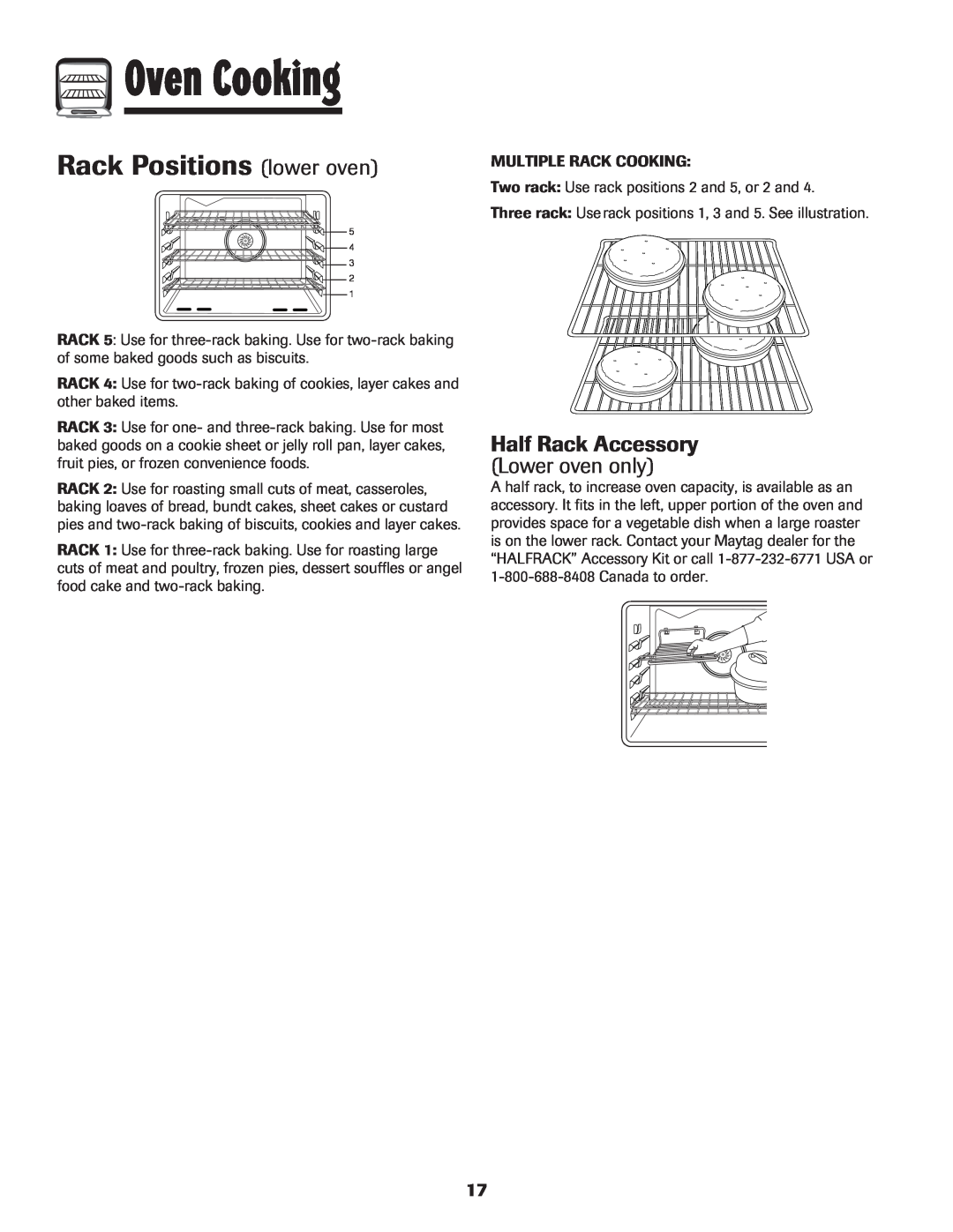 Maytag 850 important safety instructions Rack Positions lower oven, Half Rack Accessory Lower oven only, Oven Cooking 