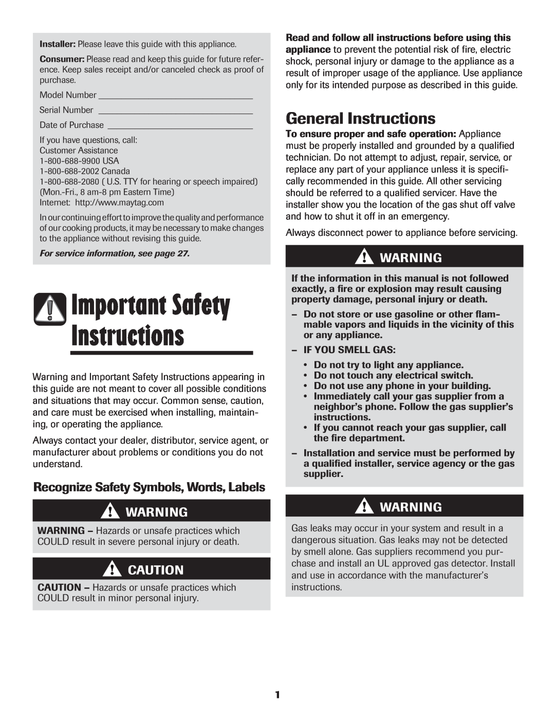 Maytag 850 Important Safety, General Instructions, Recognize Safety Symbols, Words, Labels 
