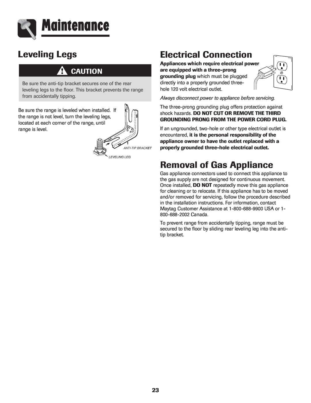Maytag 850 important safety instructions Leveling Legs, Electrical Connection, Removal of Gas Appliance, Maintenance 