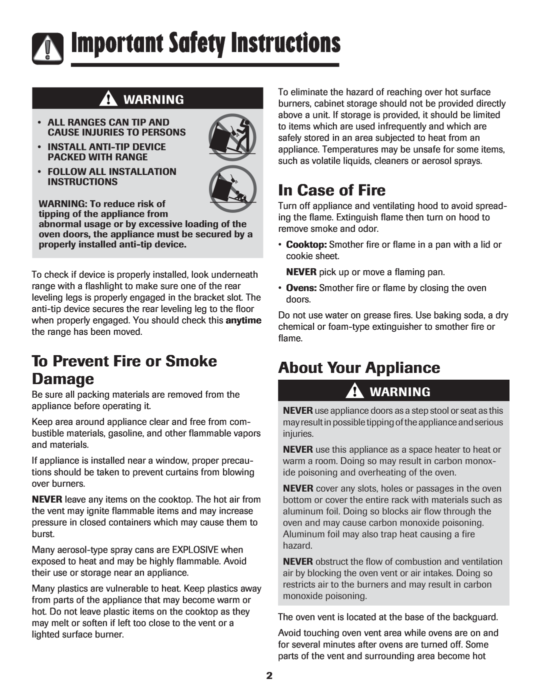 Maytag 850 Important Safety Instructions, In Case of Fire, To Prevent Fire or Smoke Damage, About Your Appliance 