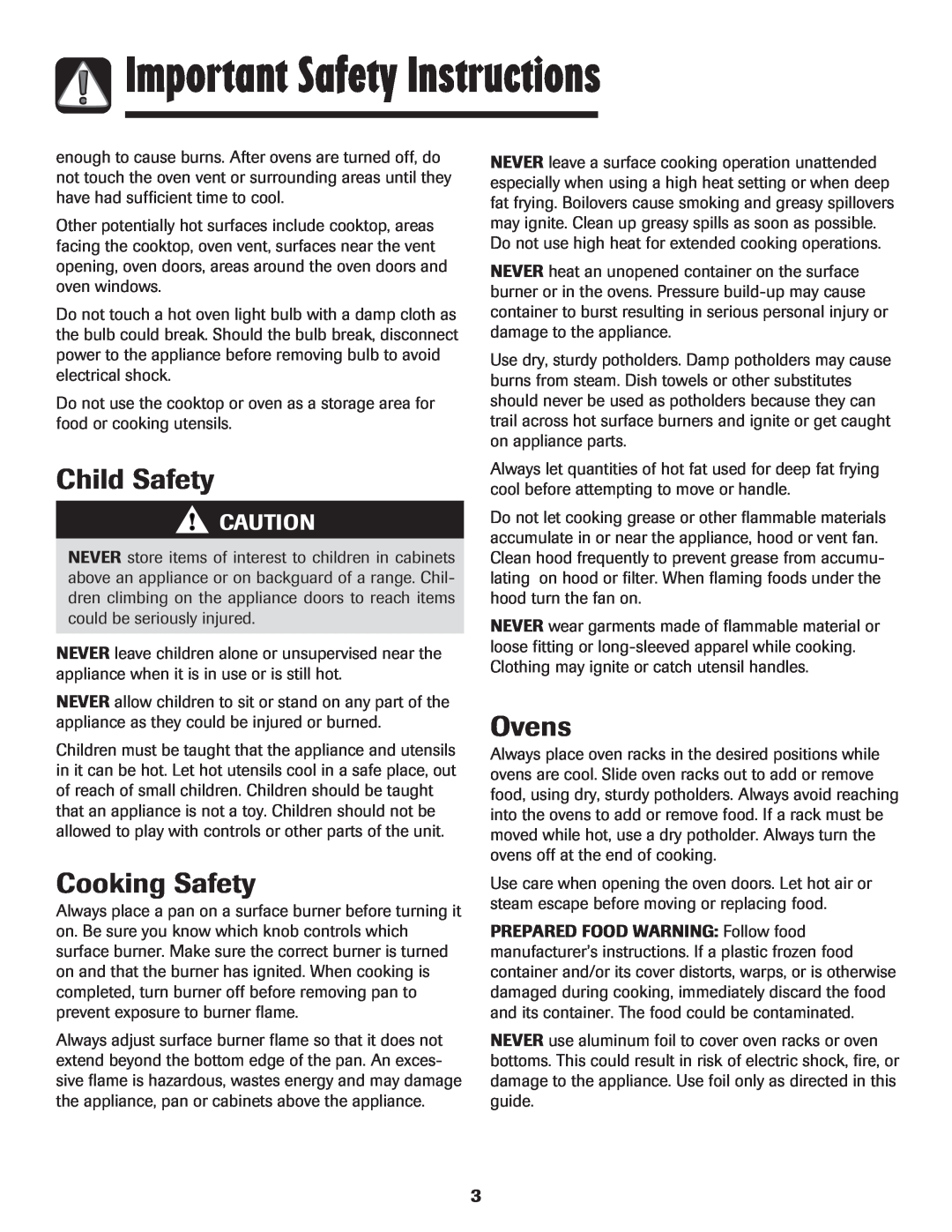 Maytag 850 important safety instructions Child Safety, Cooking Safety, Ovens, Important Safety Instructions 