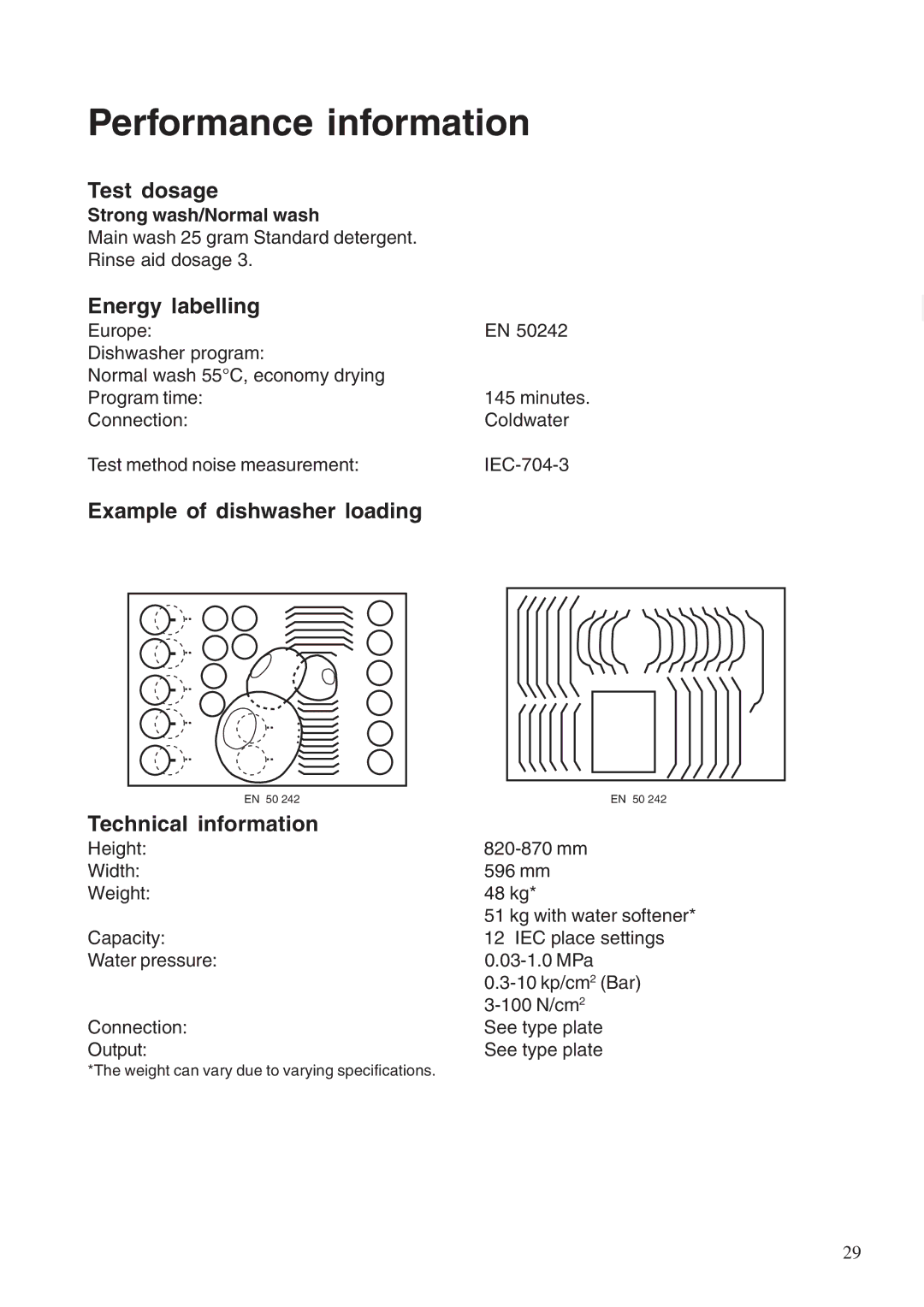 Maytag 860S Performance information, Test dosage, Energy labelling, Example of dishwasher loading, Technical information 