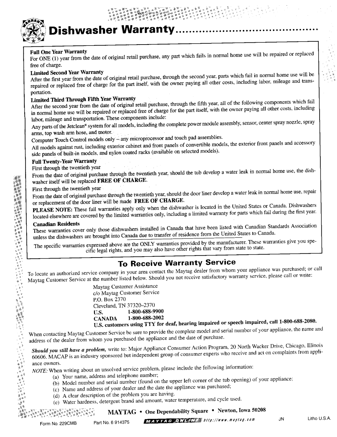 Maytag 9922 Dishwasher Warranty, To Receive Warranty Service, Full One Year Warranty, Limited Second, Canadian Residents 