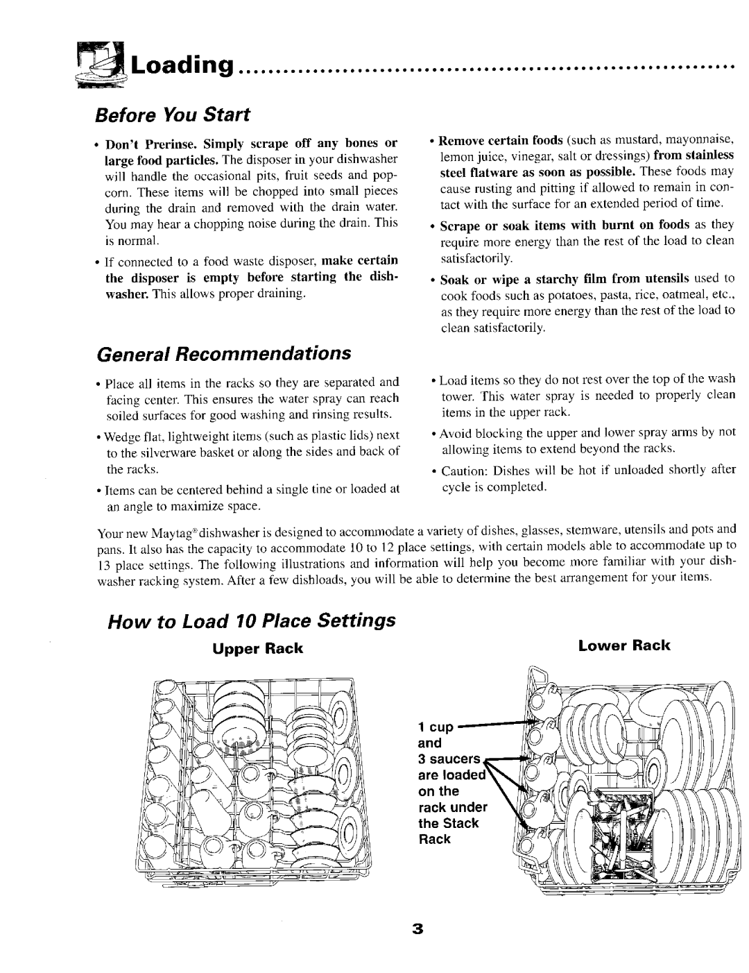 Maytag 9922 Loading, Before You Start, General Recommendations, How to Load 10 Place Settings, Upper Rack, Lower Rack 