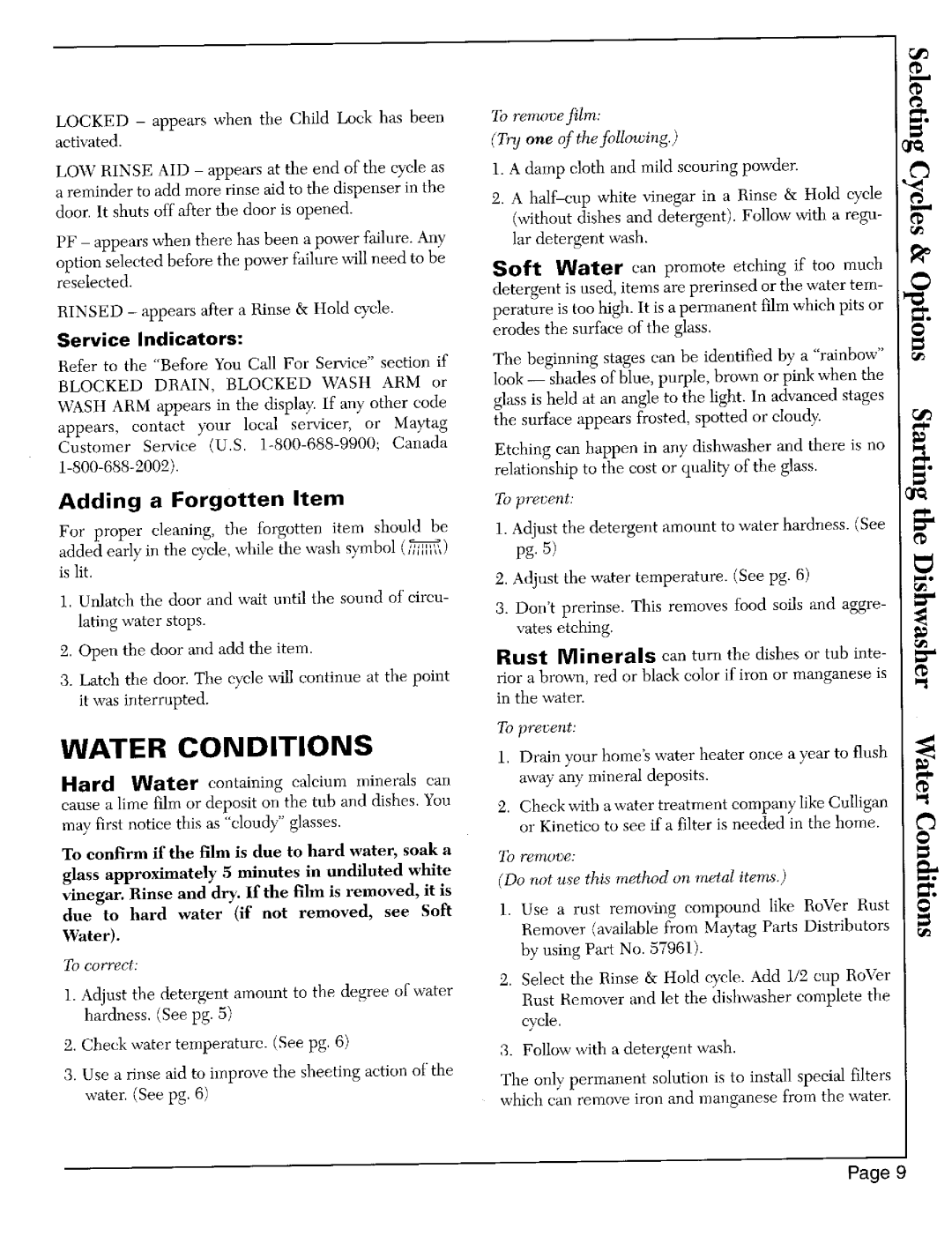 Maytag 9962 warranty Water Conditions, Adding a Forgotten Item, Service Indicators 