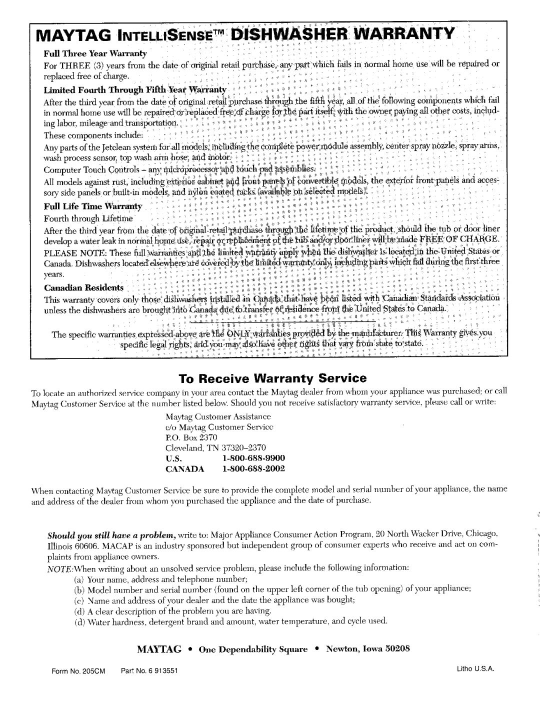 Maytag 9962 warranty Maytag Intelusenset DISHIN-ASHER Warranty, To Receive Warranty Service 