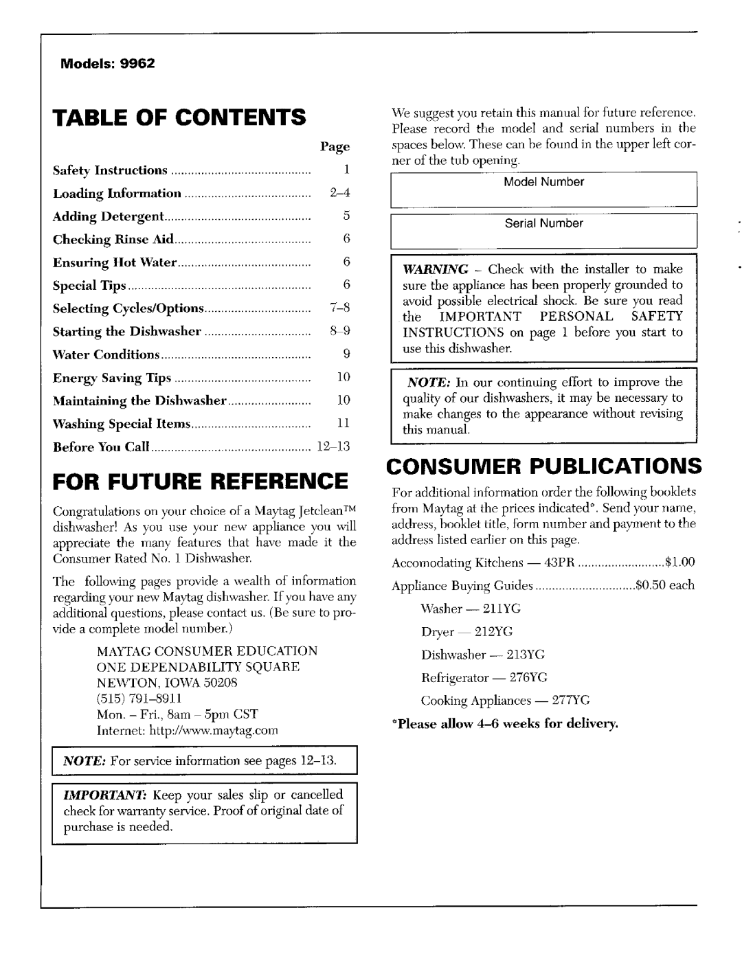 Maytag 9962 warranty For Future Reference, Consumer Publications, Models, Contents 