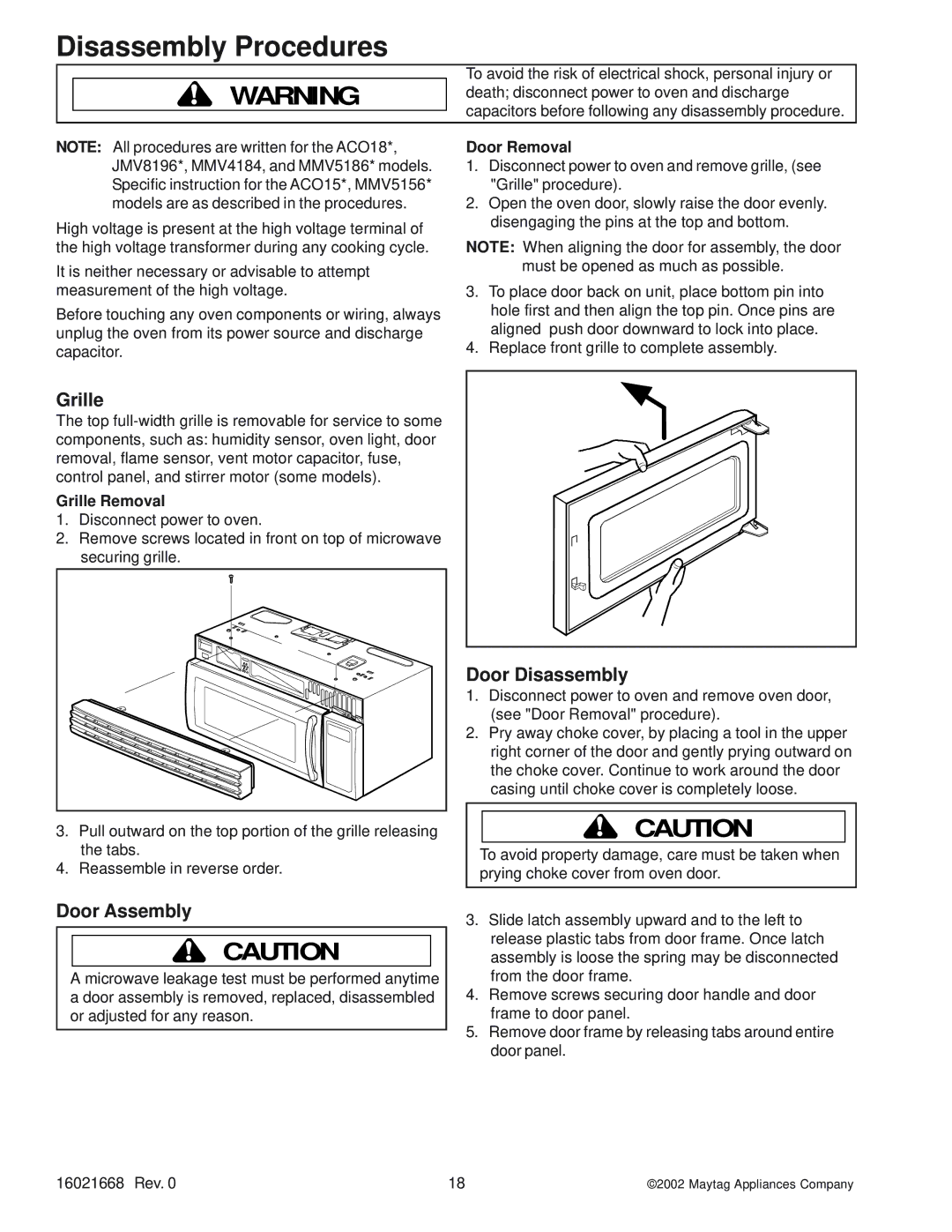 Maytag ACO1560AS, ACO1840AC, ACO1560AB, ACO1530AB, ACO1840AB Disassembly Procedures, Grille, Door Assembly, Door Disassembly 