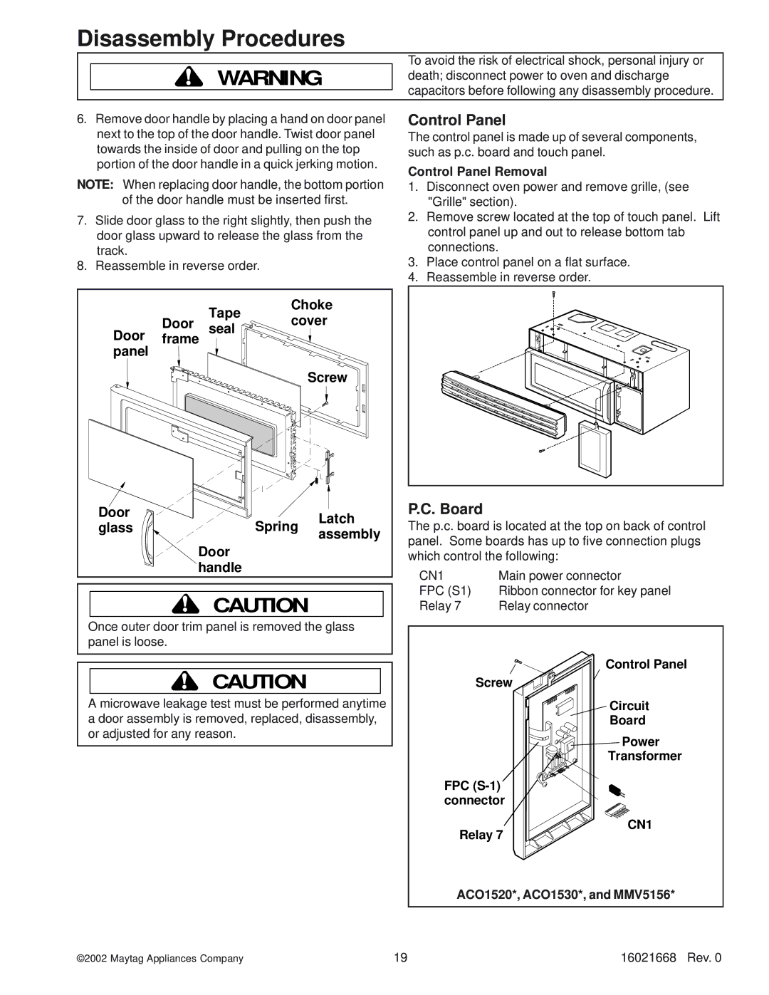 Maytag ACO1860AC, ACO1840AC, ACO1560AB, ACO1530AB Board, Control Panel Removal, Relay ACO1520*, ACO1530*, and MMV5156 