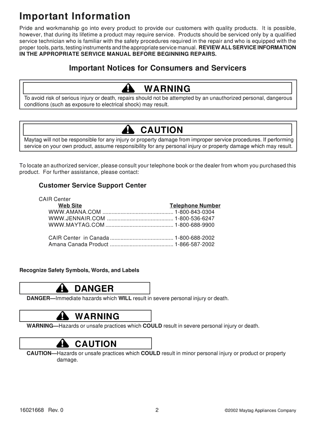 Maytag ACO1530AB, ACO1840AC, ACO1560AB Important Information, Customer Service Support Center, Web Site Telephone Number 