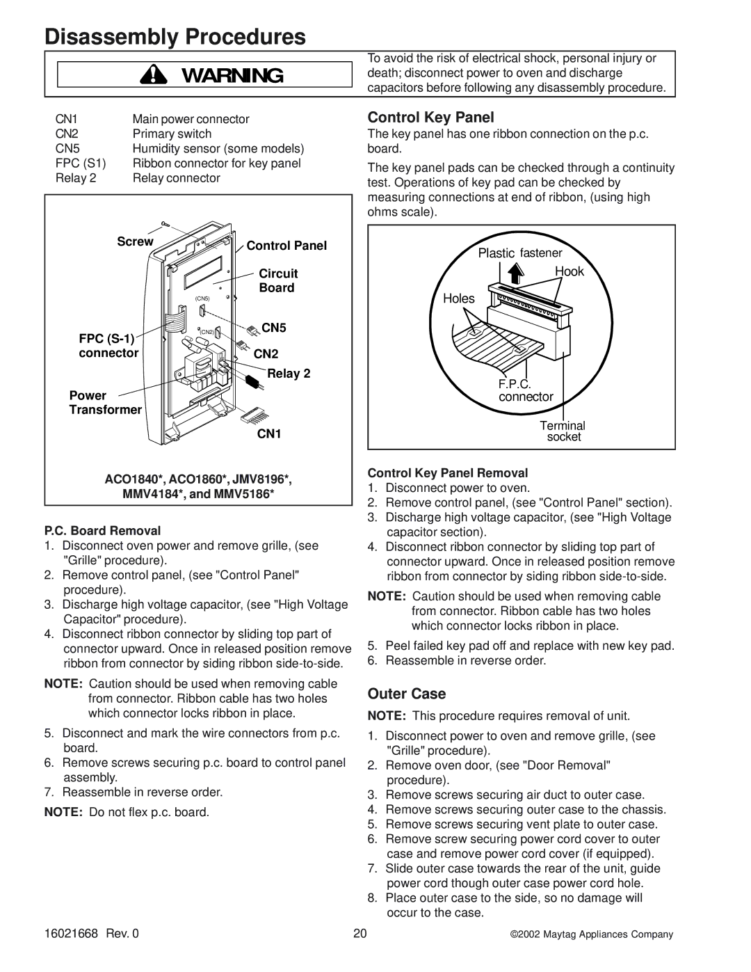 Maytag ACO1560AW Outer Case, Screw Control Panel Circuit Board, Relay, Power Transformer, Control Key Panel Removal 