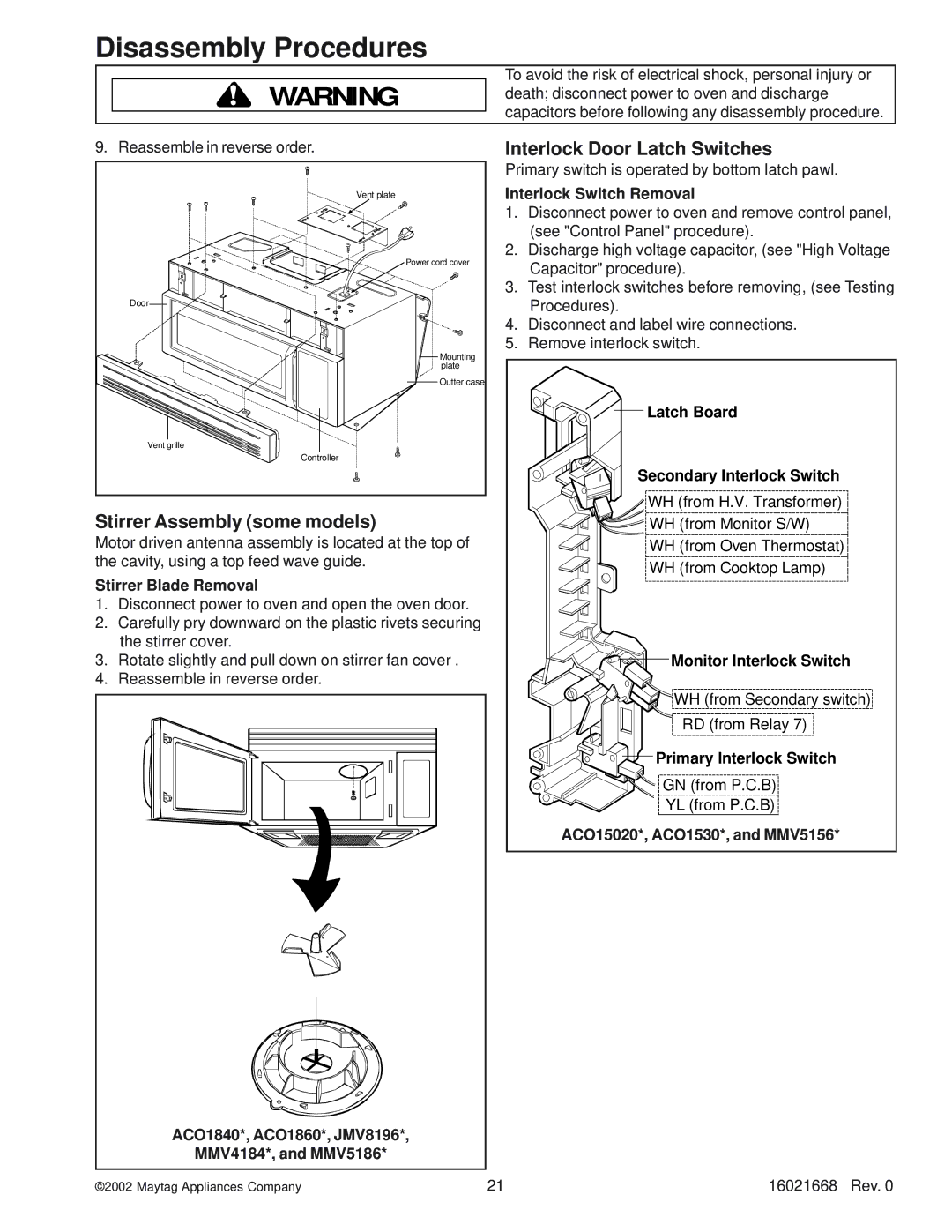 Maytag ACO1530AW, ACO1840AC, ACO1560AB, ACO1530AB, ACO1840AB Stirrer Assembly some models, Interlock Door Latch Switches 