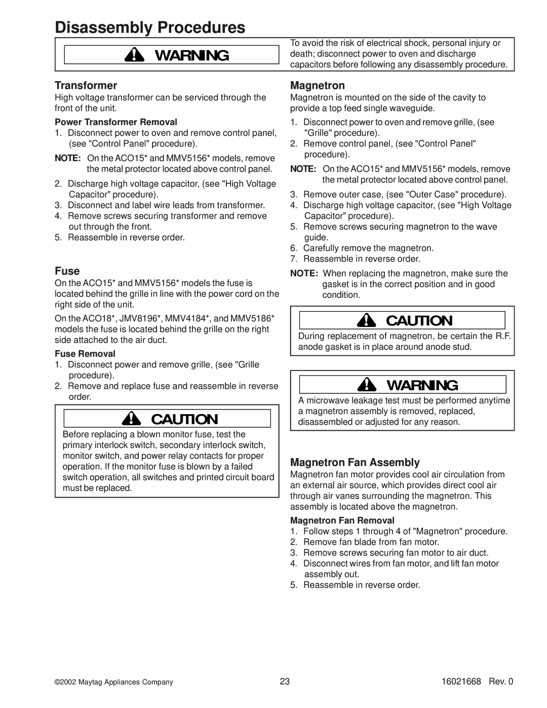 Maytag ACO1520AC, ACO1840AC Magnetron Fan Assembly, Power Transformer Removal, Fuse Removal, Magnetron Fan Removal 