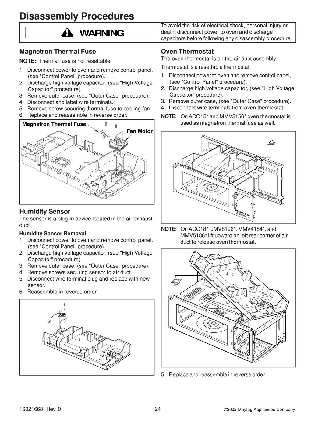 Maytag ACO1520AB, ACO1840AC, ACO1560AB, ACO1530AB, ACO1840AB Magnetron Thermal Fuse, Fan Motor, Humidity Sensor Removal 