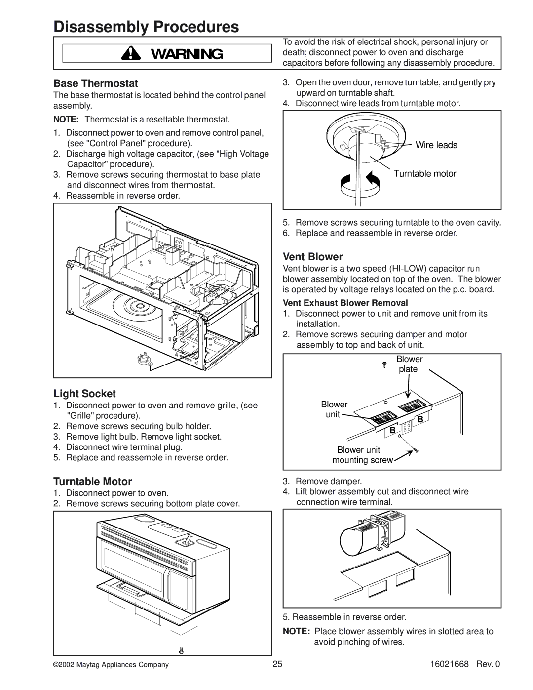 Maytag ACO1520AW, ACO1840AC Base Thermostat, Light Socket, Turntable Motor, Vent Blower, Vent Exhaust Blower Removal 