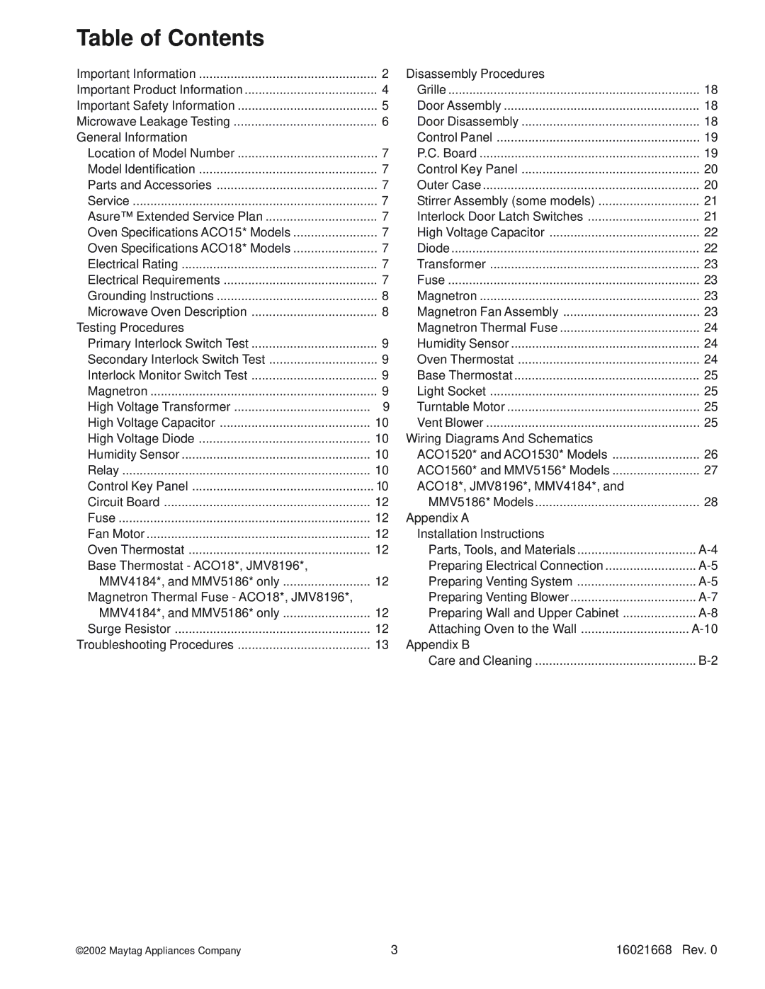 Maytag ACO1840AB, ACO1840AC, ACO1560AB, ACO1530AB, ACO1560AC, ACO1560AS, ACO1860AC, ACO1560AW, ACO1530AW Table of Contents 