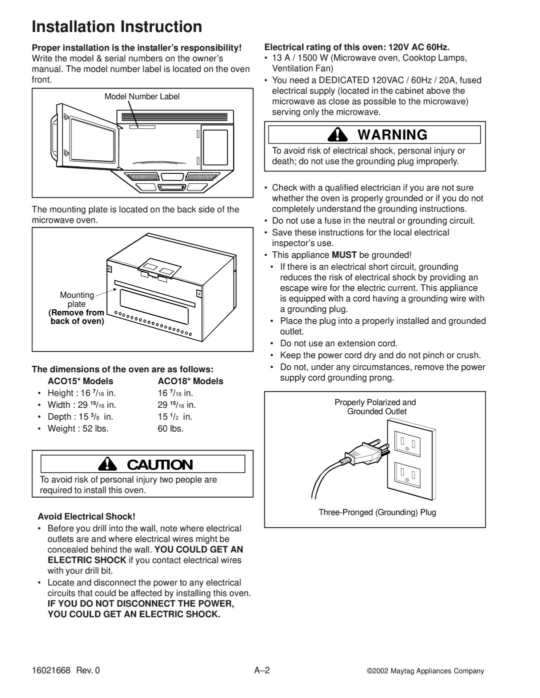 Maytag ACO1560AC, ACO1840AC, ACO1560AB, ACO1530AB Avoid Electrical Shock, Electrical rating of this oven 120V AC 60Hz 