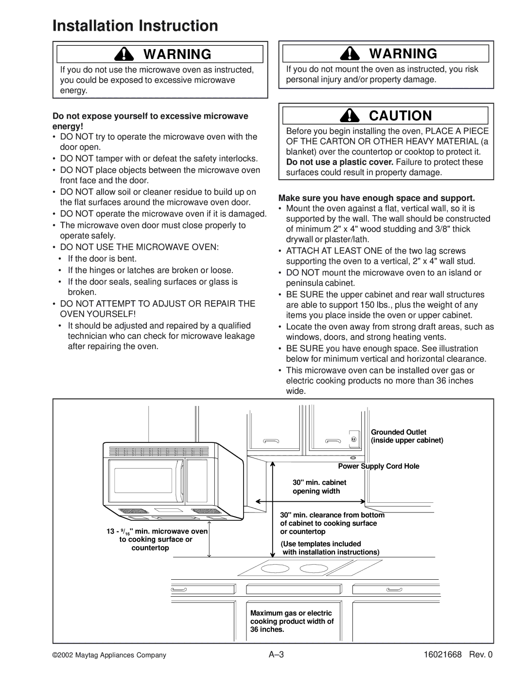 Maytag ACO1560AS, ACO1840AC, ACO1560AB Do not expose yourself to excessive microwave energy, Do not USE the Microwave Oven 