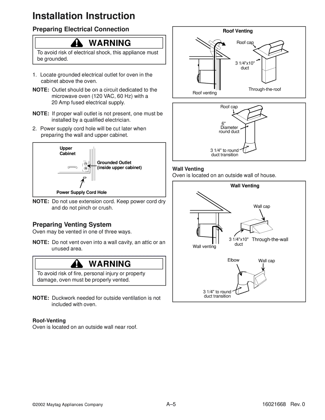 Maytag ACO1560AW Preparing Electrical Connection, Preparing Venting System, Roof-Venting, Roof Venting, Wall Venting 