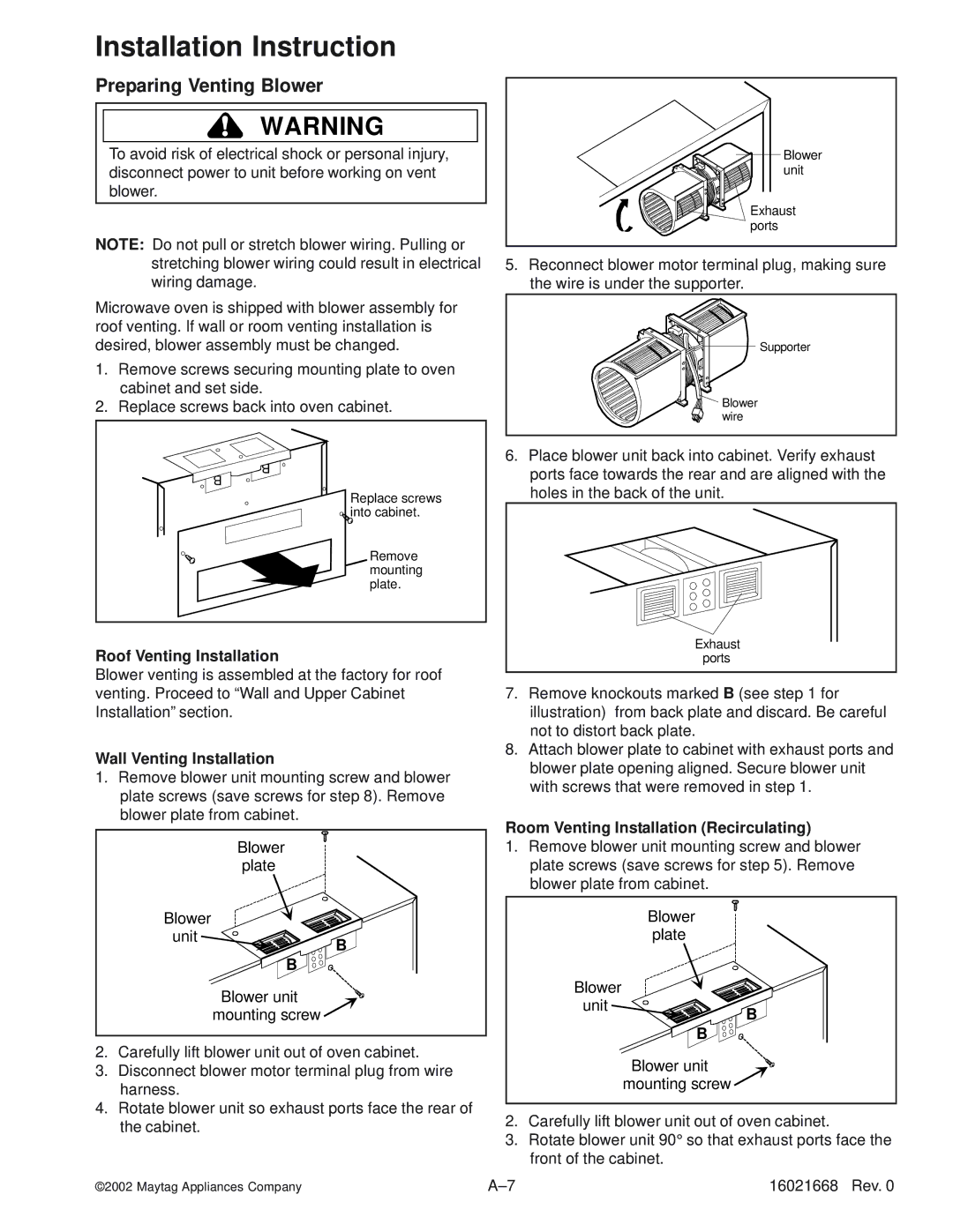 Maytag ACO1860AS, ACO1840AC, ACO1560AB Preparing Venting Blower, Roof Venting Installation, Wall Venting Installation 