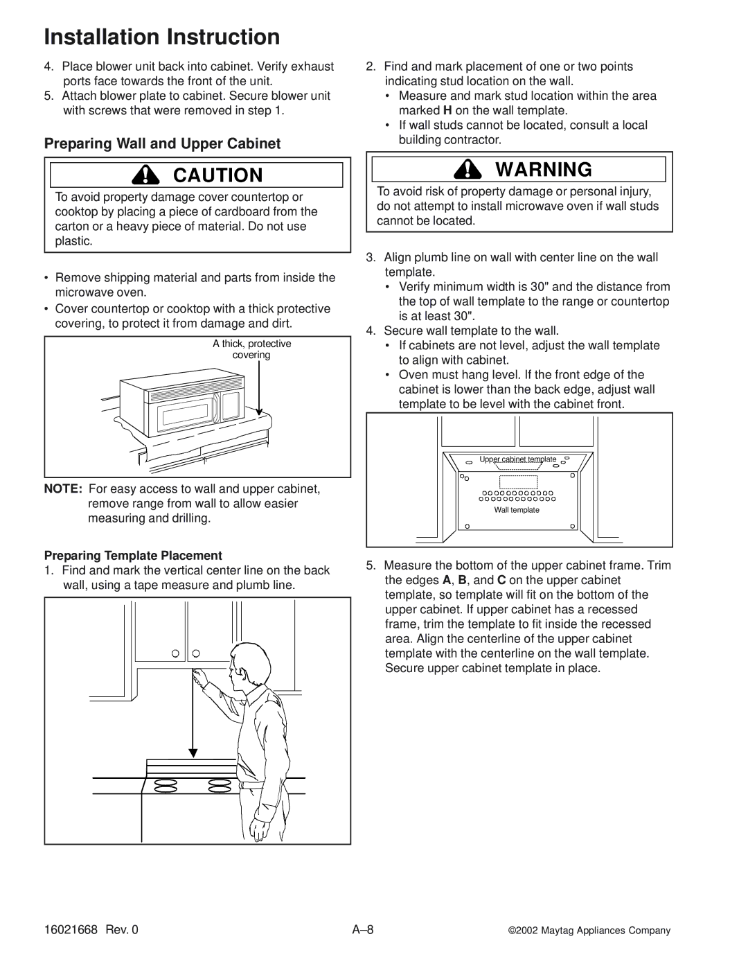 Maytag ACO1520AC, ACO1840AC, ACO1560AB, ACO1530AB, ACO1840AB Preparing Wall and Upper Cabinet, Preparing Template Placement 