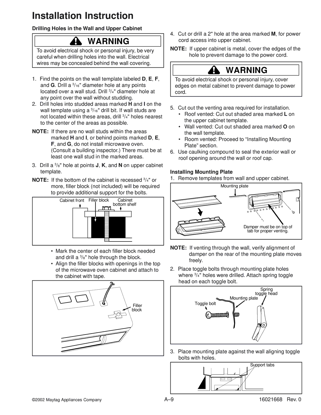 Maytag ACO1520AB, ACO1840AC, ACO1560AB, ACO1530AB Drilling Holes in the Wall and Upper Cabinet, Installing Mounting Plate 
