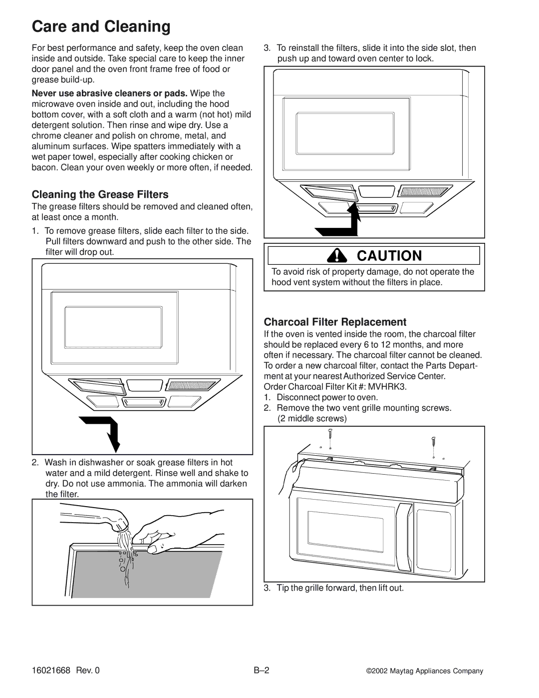 Maytag ACO1840AB, ACO1840AC, ACO1560AB Care and Cleaning, Cleaning the Grease Filters, Charcoal Filter Replacement 